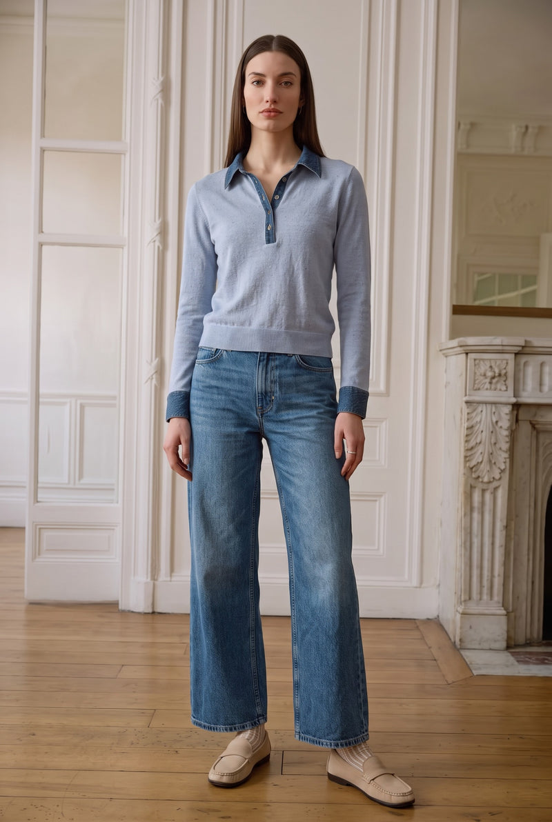 J. Society Long Sleeve Denim Collar Polo 24083 Jilli Boutique Atlanta 
