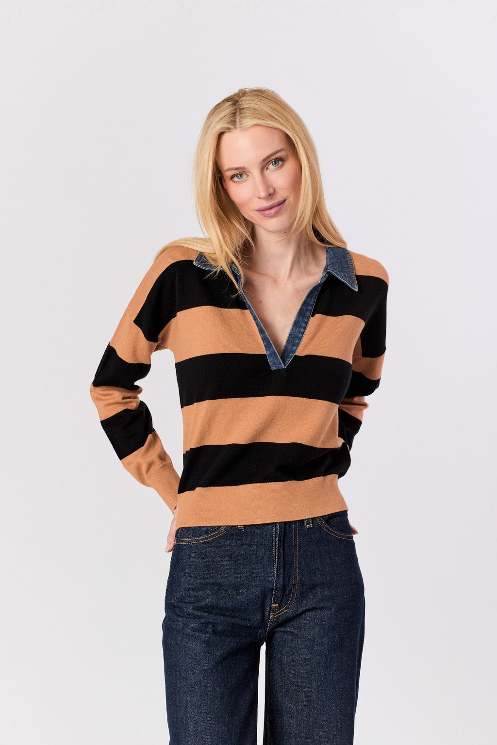 Striped Polo Shirt in Camel and Black