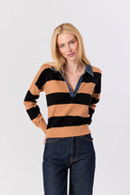 Striped Polo Shirt in Camel and Black