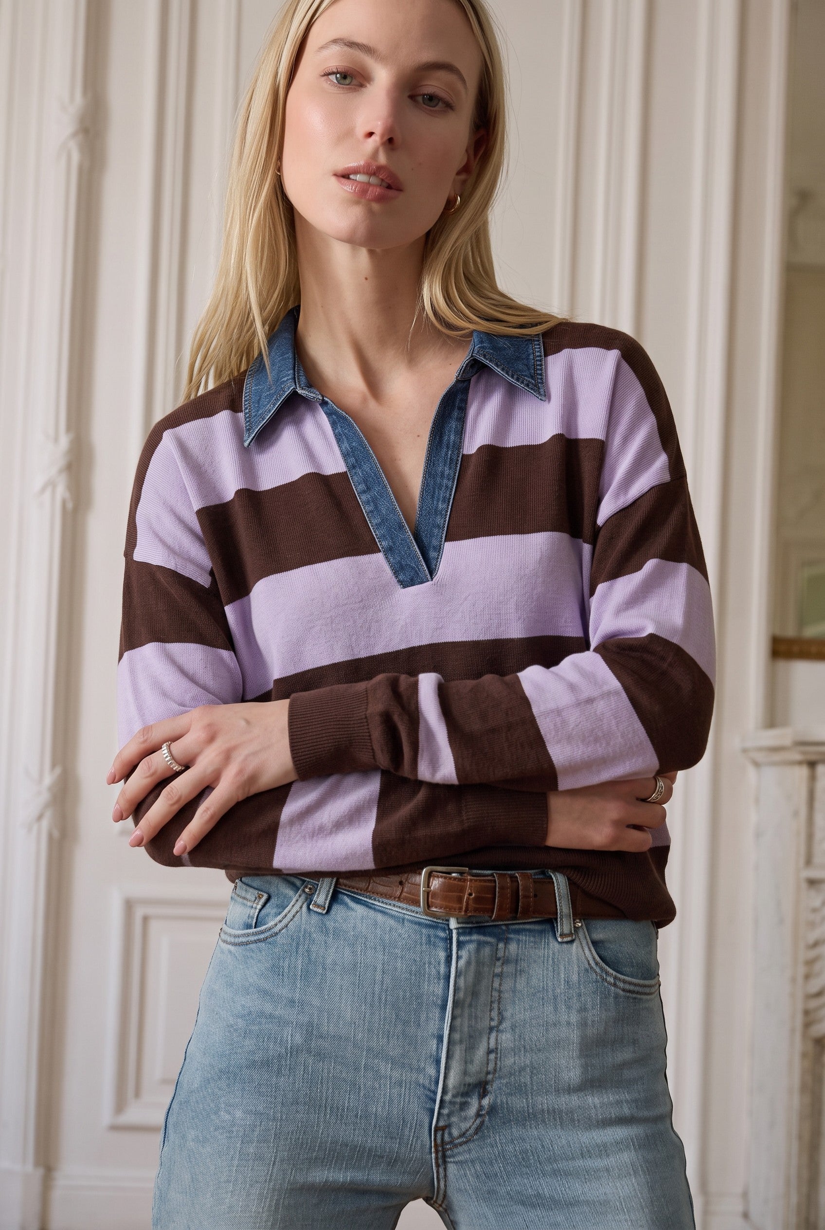 Girl wearing the J. Society Rugby Shirt in Coffee Bean and Lilac Jilli Boutique