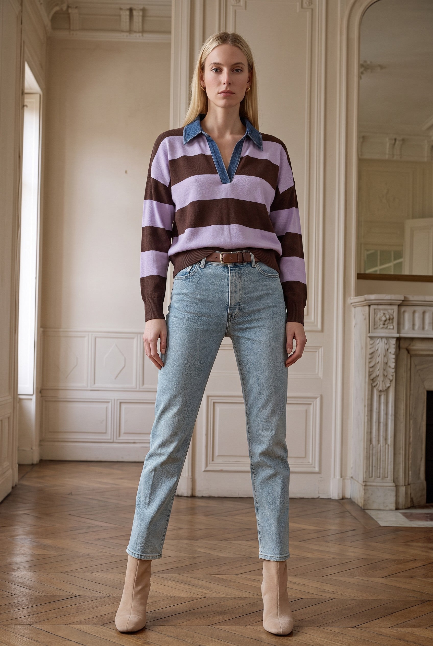 Denim Collar Polo in Coffee Bean Lilac