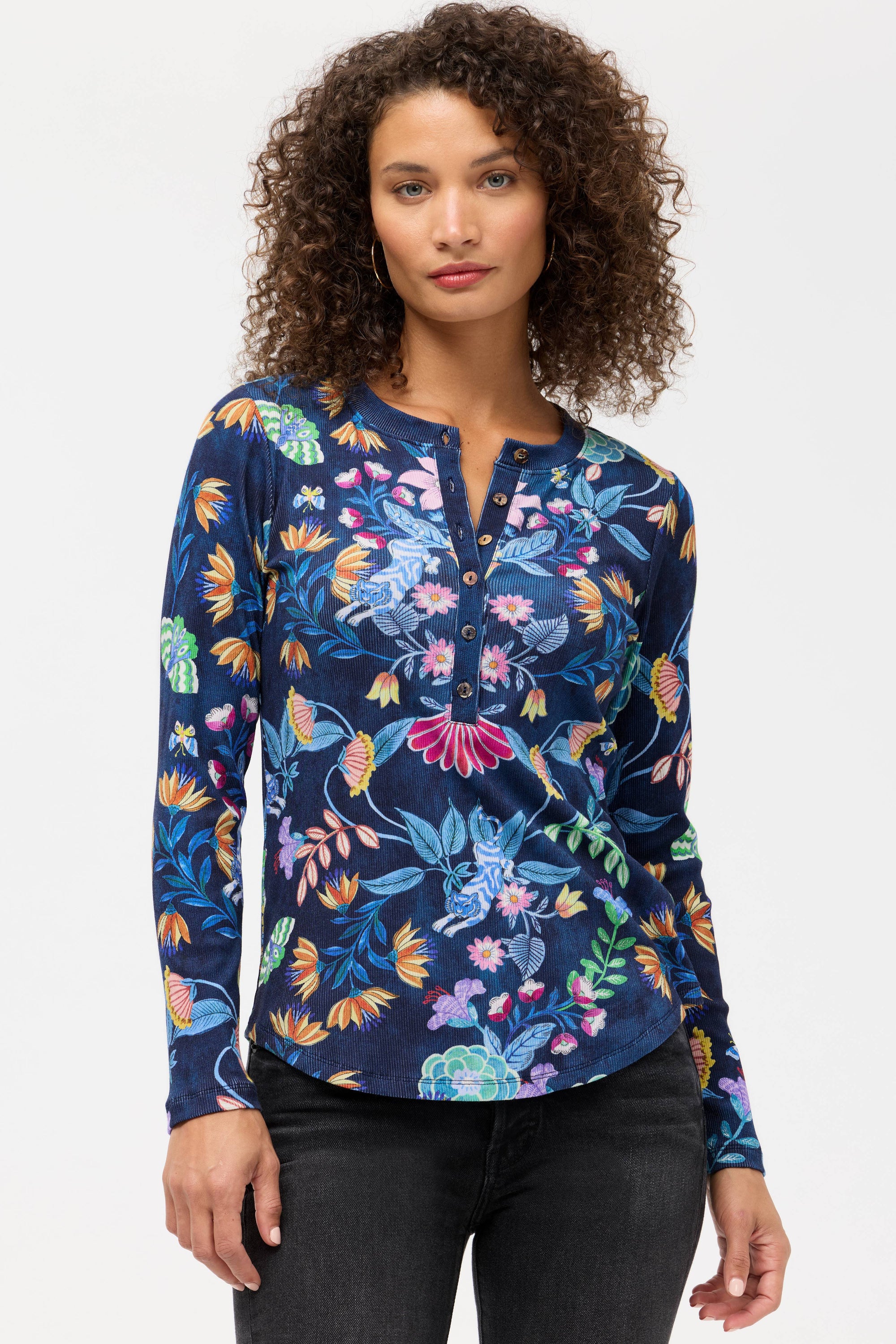 JANIE LONG SLEEVE FITTED HENLEY TEE Jilli Boutique Johnny Was