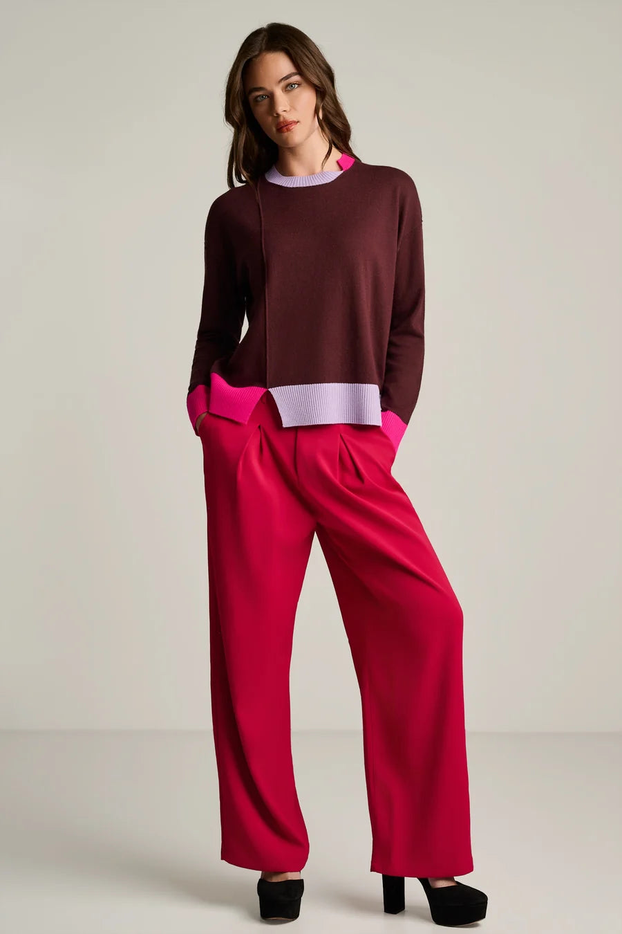 RUM RAISIN BOLD BLOCK COTTON CASHMERE SWEATER Lisa Todd F26-779 Jilli Boutique