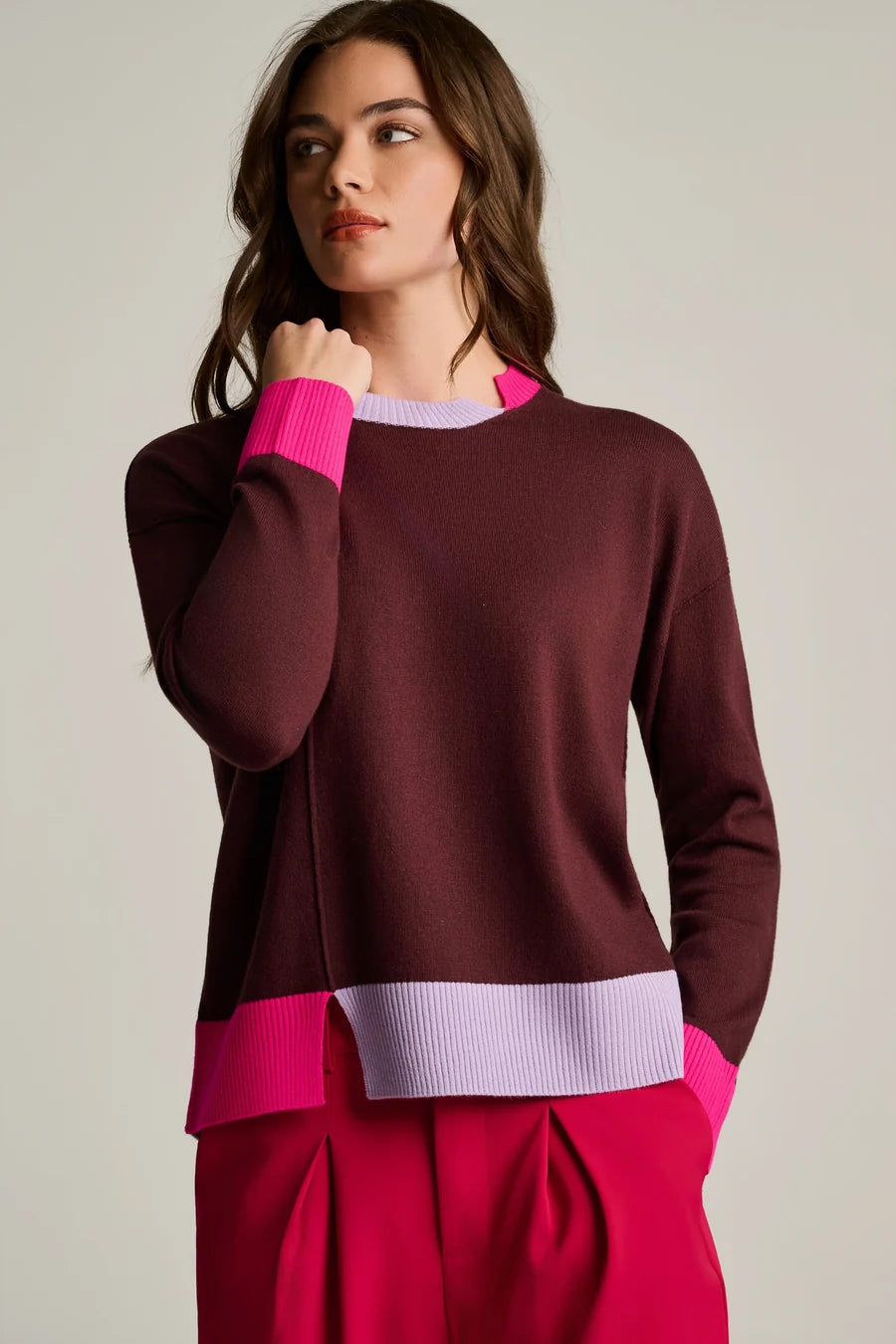 BOLD BLOCK in RUM RAISIN BOLD BLOCK COTTON CASHMERE SWEATER Lisa Todd F26-779 Jilli Boutique
