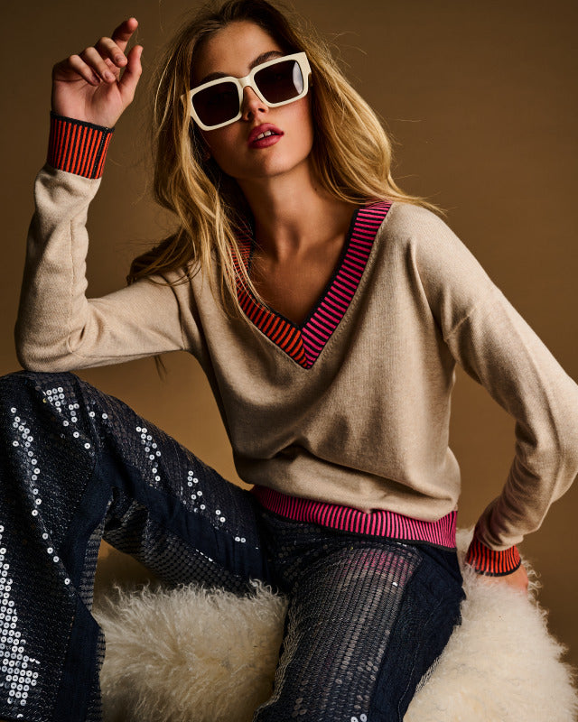 lisa todd ribbed and ready jilli boutique v-neck sweater almond