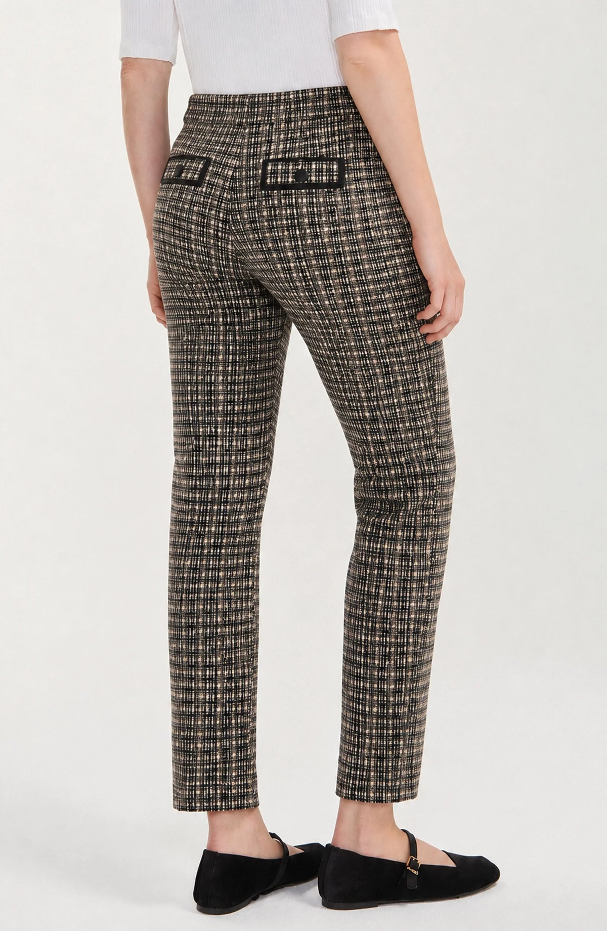 Liverpool Los Angeles Midrise trouser with faux leather trim in black and tan mini check Jilli Boutique Atlanta