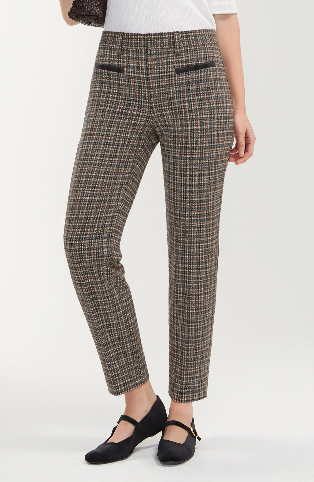 Liverpool Midrise trouser with faux leather trim in black and tan mini check Jilli Boutique