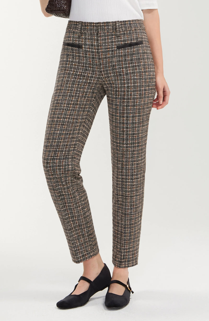 Liverpool Midrise trouser with faux leather trim in black and tan mini check Jilli Boutique