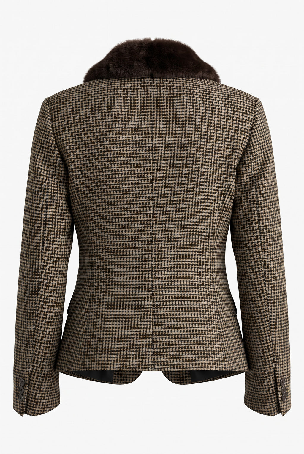 A women's tailored blazer shown from the back, featuring a brown and beige houndstooth pattern and a dark brown fur collar, set against a plain white background.