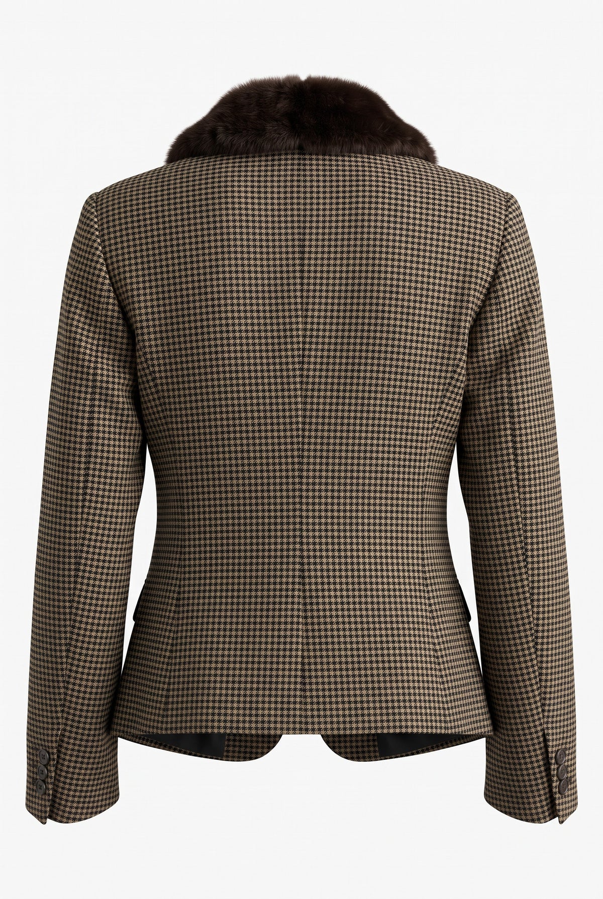 A women's tailored blazer shown from the back, featuring a brown and beige houndstooth pattern and a dark brown fur collar, set against a plain white background.
