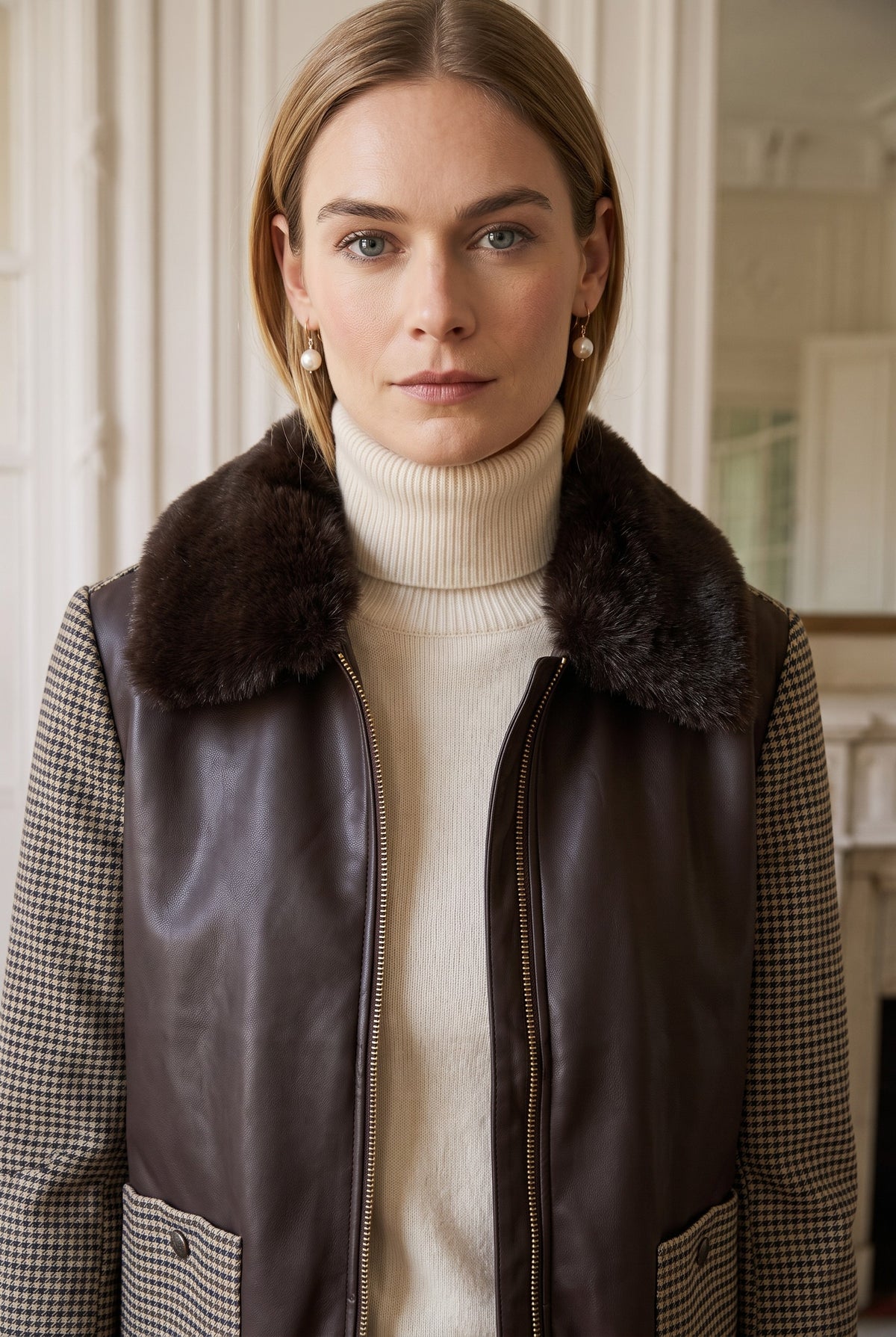 A woman wearing a dark brown leather vest with a dark brown fur collar, styled over a cream turtleneck sweater and a black-and-white houndstooth jacket, set against an elegant indoor background.