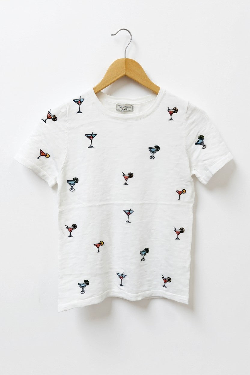 Metric Knits White Cotton Shirt With Martini Embroidery