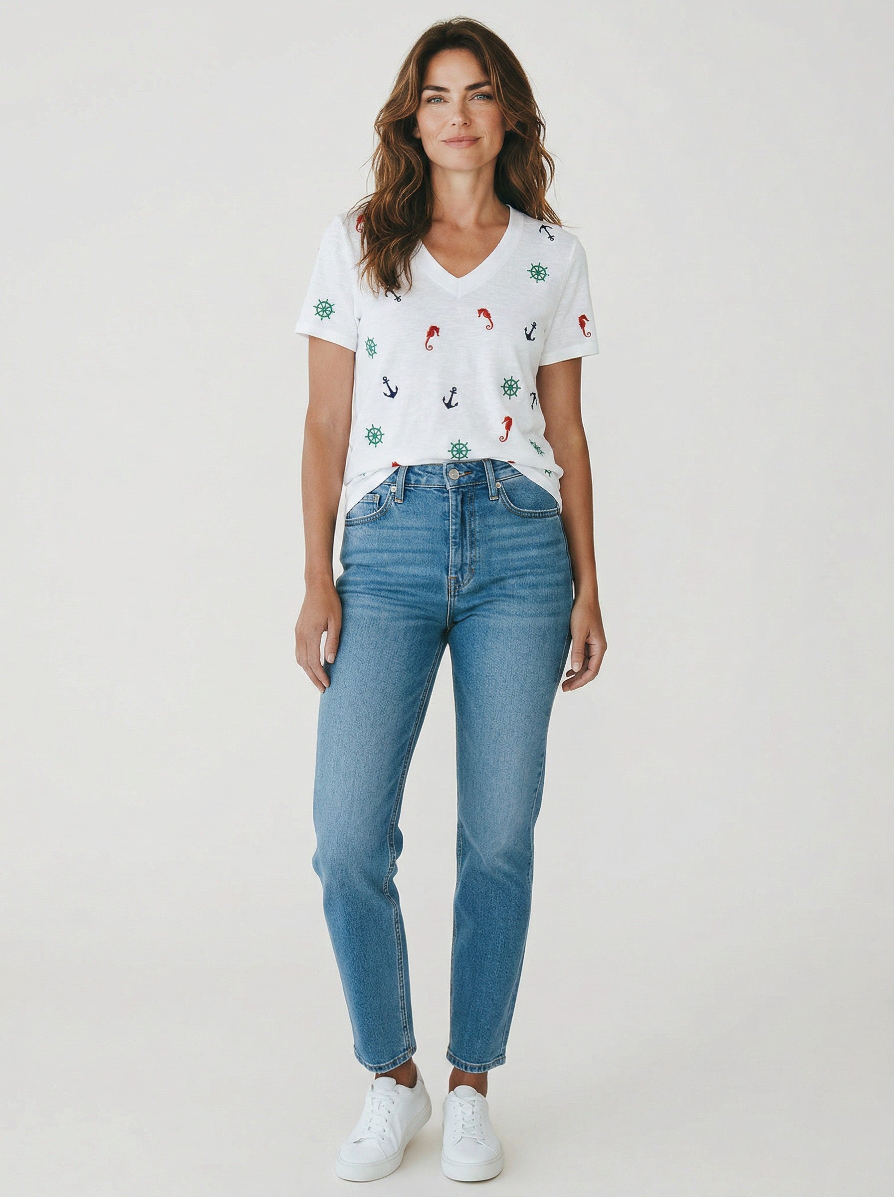 Short Sleeve Cotton V-Neck Shirt Nautical Motifs