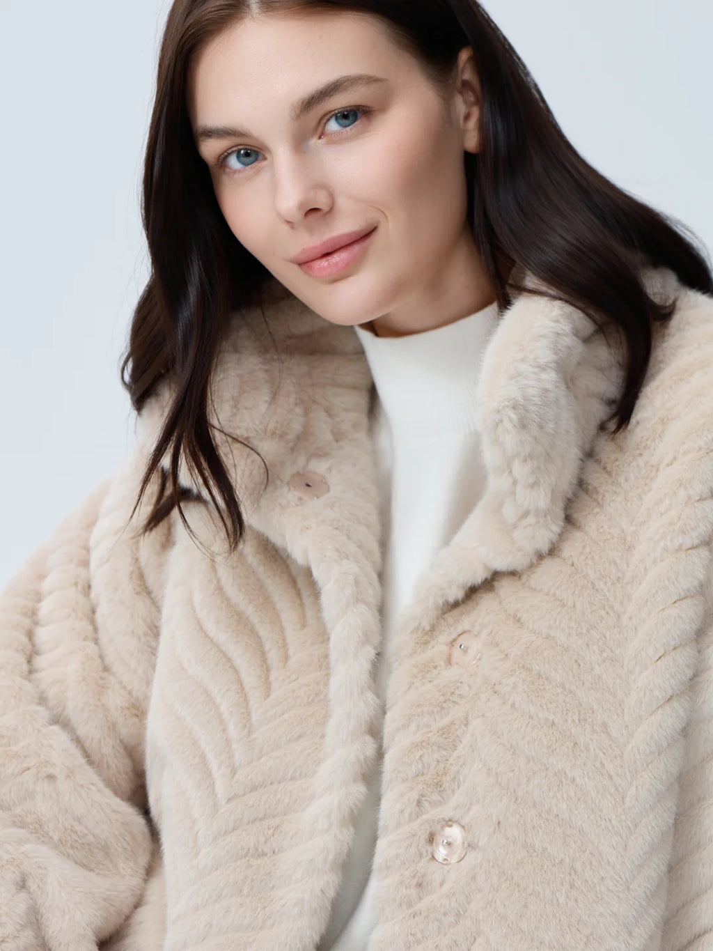 Nikki Jones Faux fur jacket with swirling pattern Jilli Boutique 9008-614 Almond