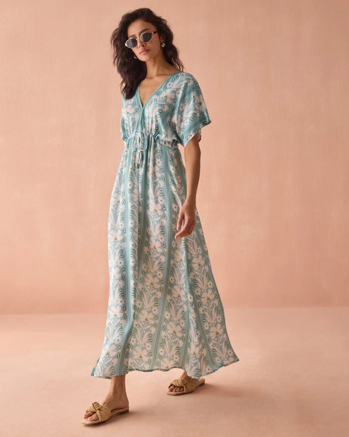 Pia Caftan Maxi Dress in Aubrey Seafoam Omika Jilli Boutique