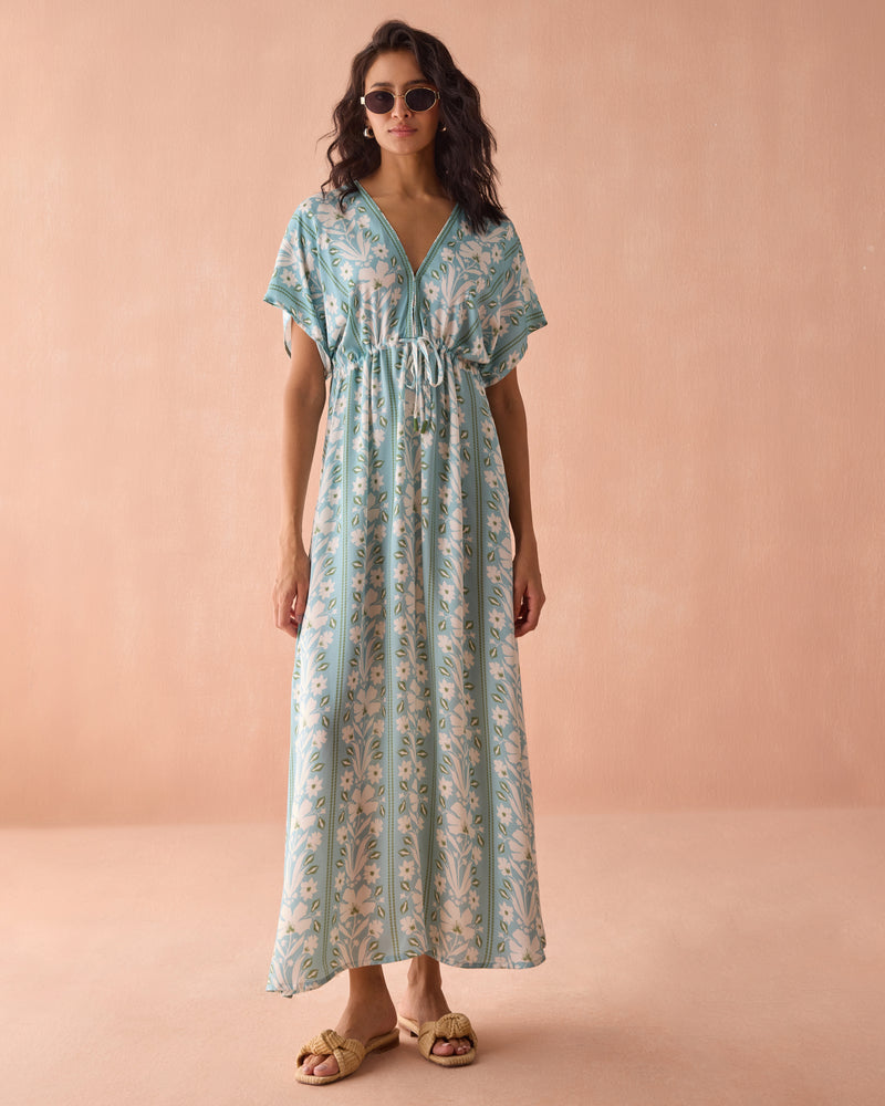 Pia Caftan Maxi Dress in Aubrey Seafoam Omika Jilli Boutique