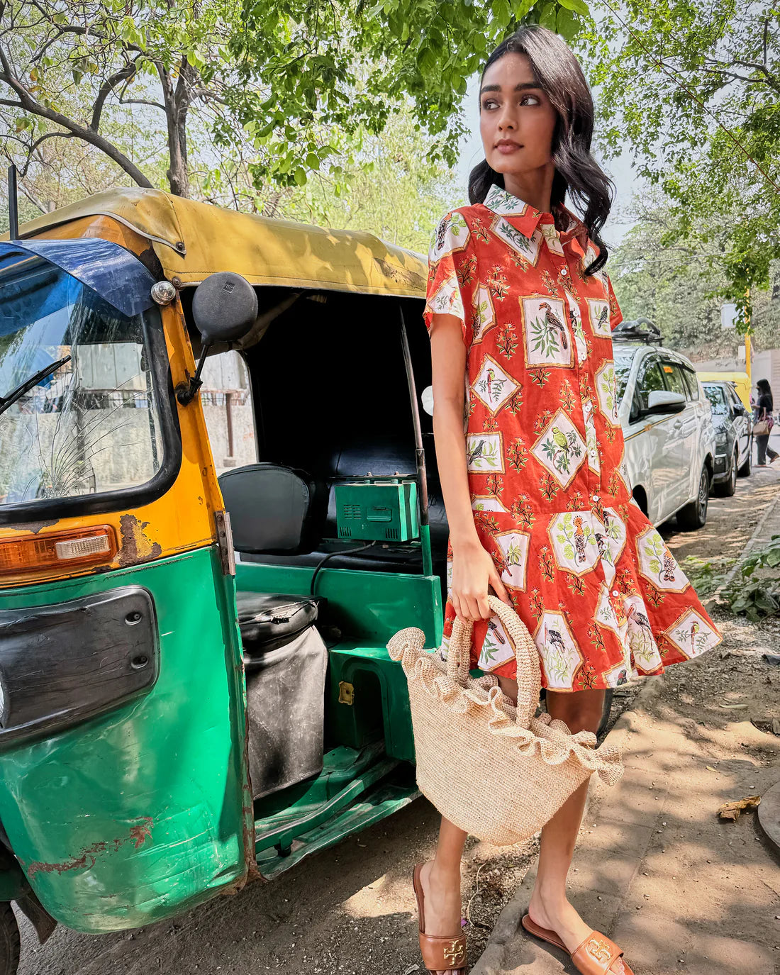 Gracie Dress in Birds Of India print fresh jilli boutique copper