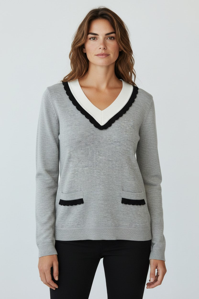 Peace of Cloth V-Neck Ruffle Sweater in Metal