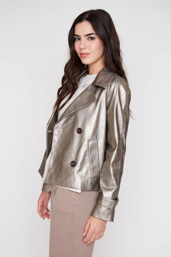Renuar Metallic Pleather Cropped Jacket Taupe R3959L-E3100 Jilli Boutique
