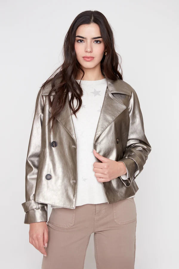 Renuar Metallic Pleather Cropped Jacket Taupe Jilli Boutique
