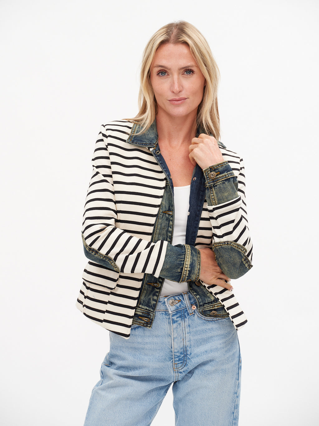 Six Fifty Mixed Media Denim Jacket in Black Stripe Clarissa Jilli Boutique