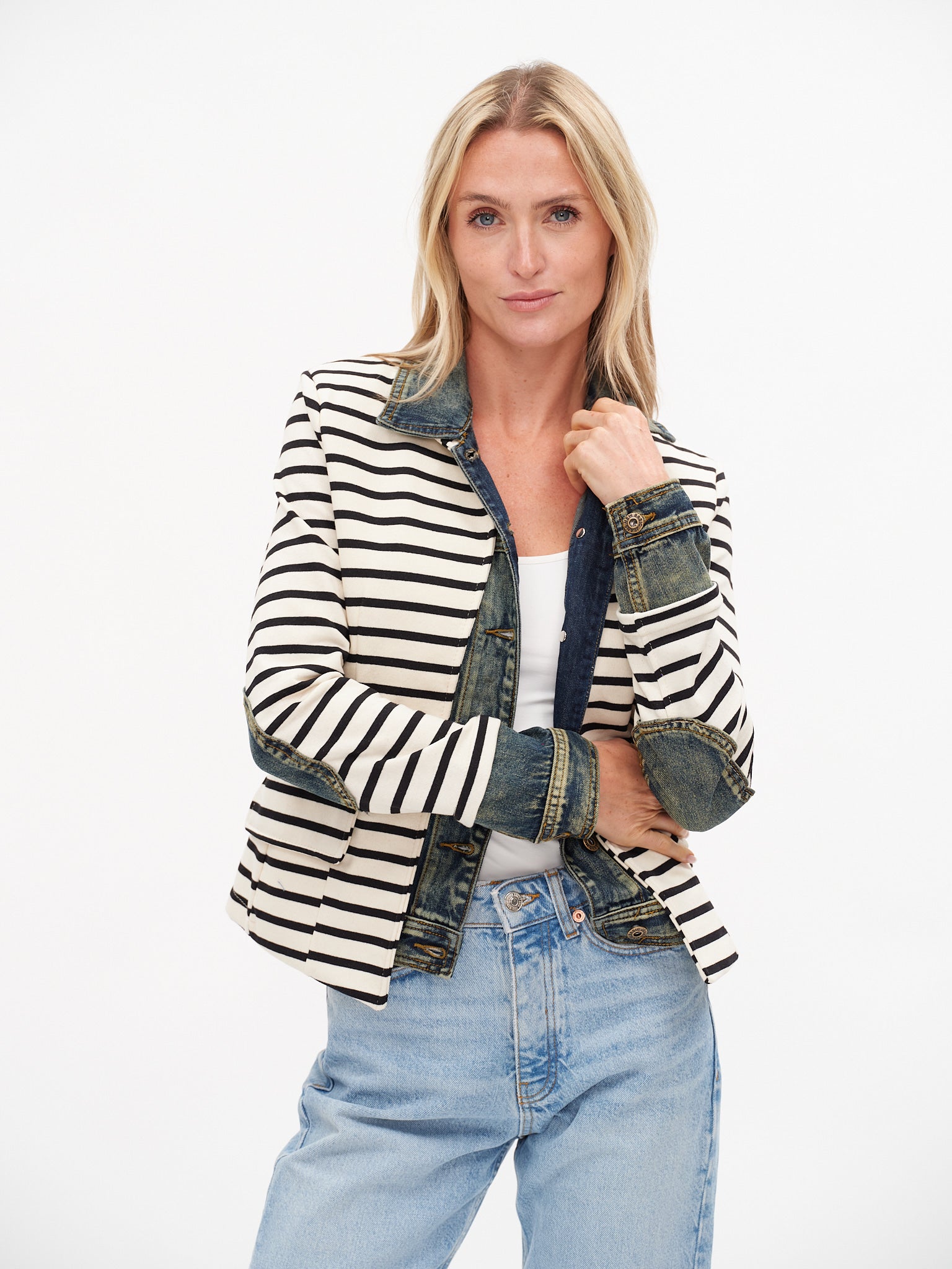 Six Fifty Mixed Media Denim Jacket in Black Stripe Clarissa Jilli Boutique