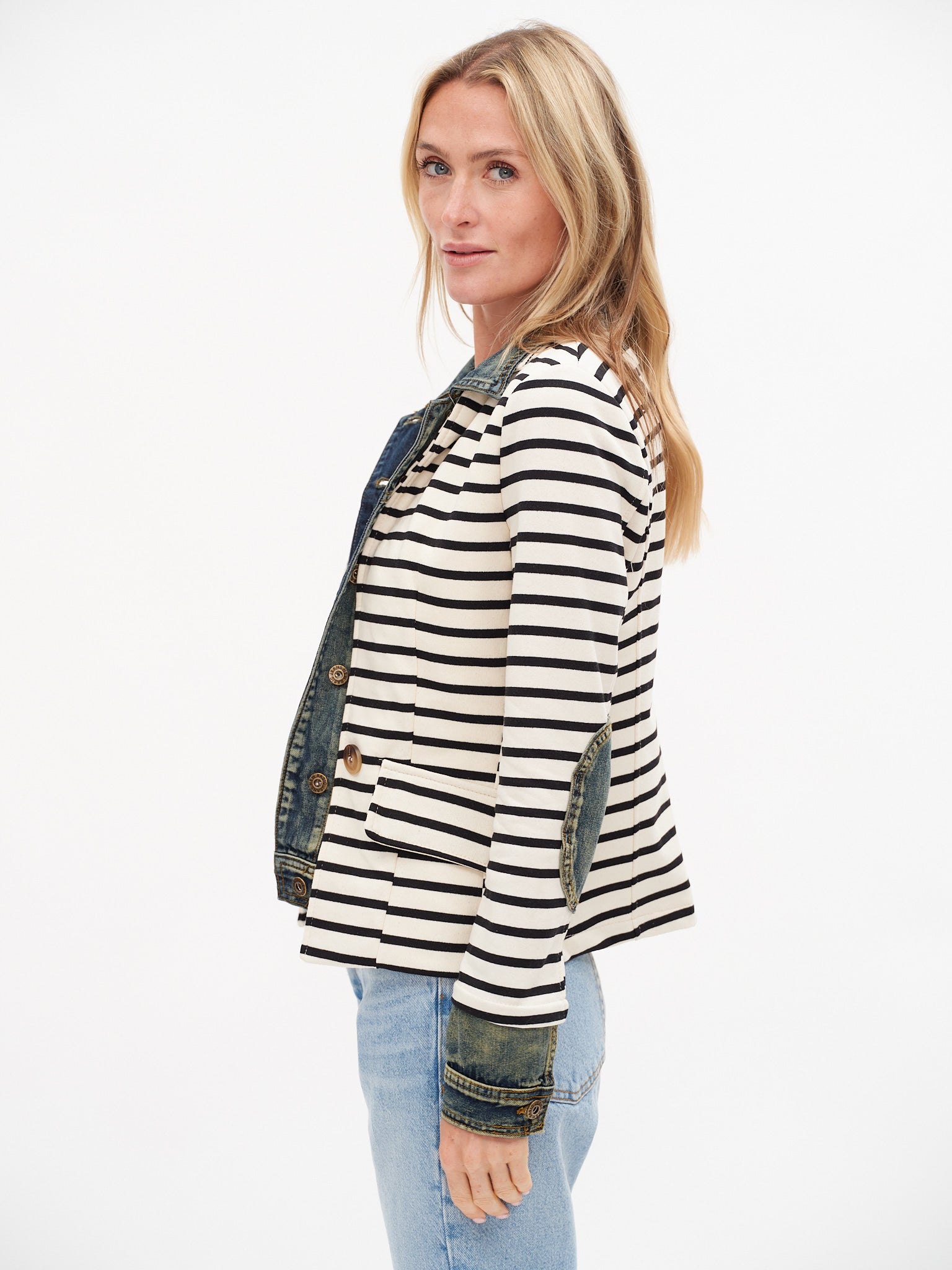 Six Fifty Mixed Media Denim Jacket in Black and white Stripe Clarissa Jilli Boutique
