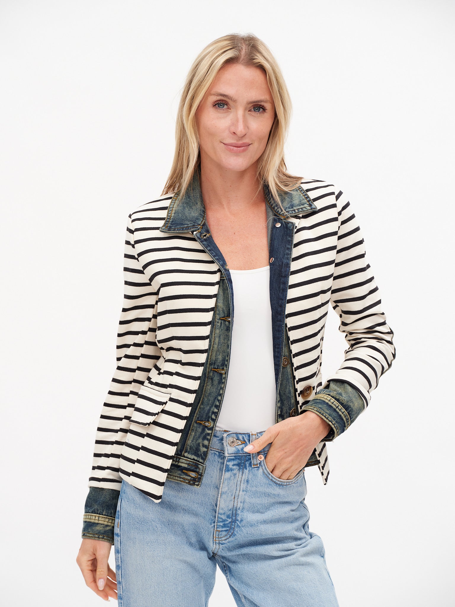 Mixed Media Denim Jacket in Black Stripe Clarissa Jilli Boutique