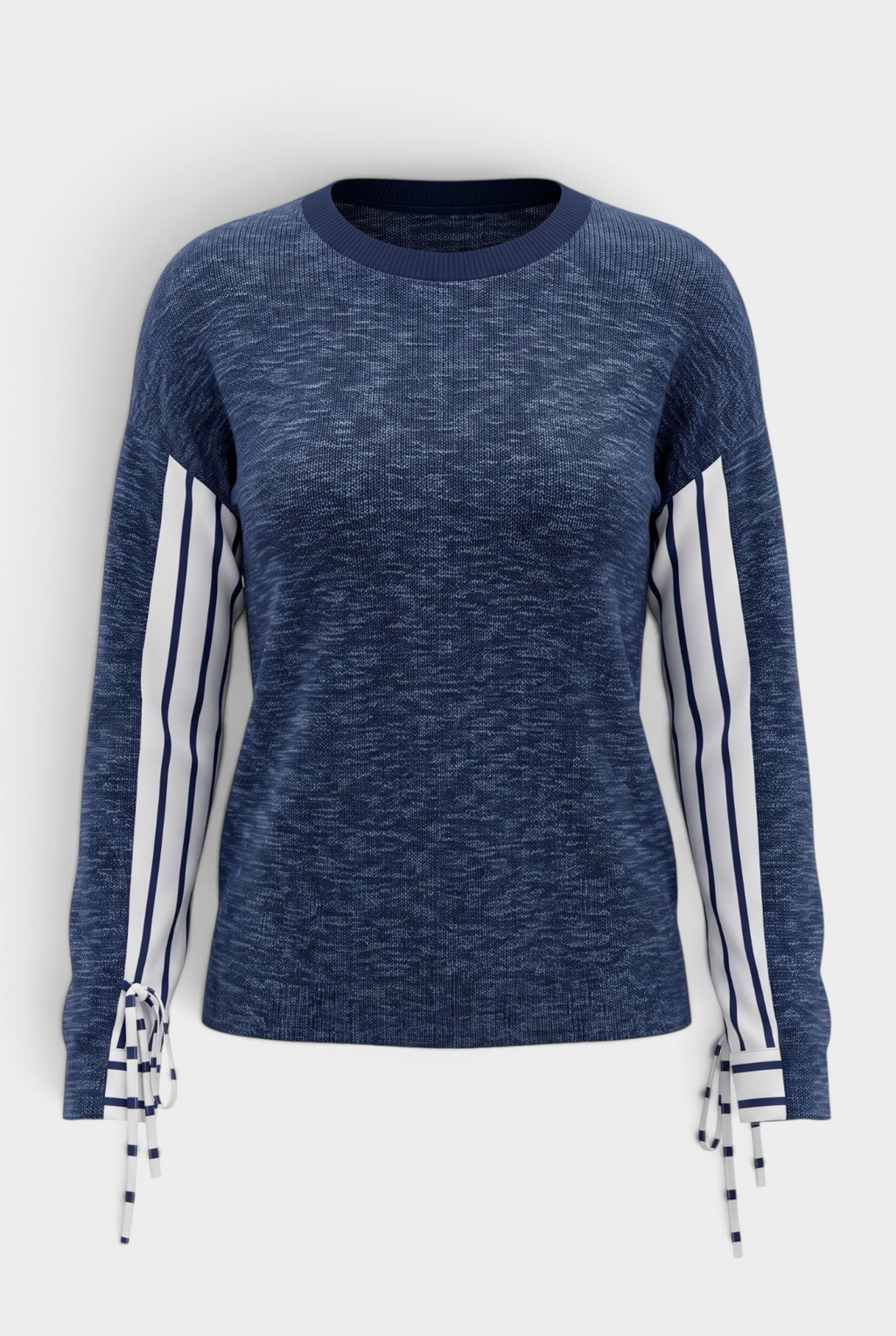 The Stitch Drop Grayton Beach Sweater which is a navy blue heathered knit sweater with white and navy striped sleeve panels and matching striped tie-front cuffs, shown on a light gray background.