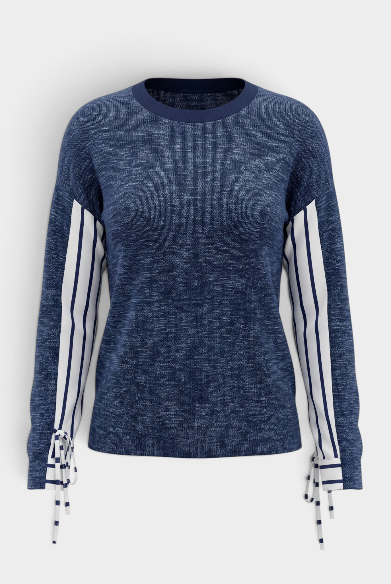 The Stitch Drop Grayton Beach Sweater which is a navy blue heathered knit sweater with white and navy striped sleeve panels and matching striped tie-front cuffs, shown on a light gray background.