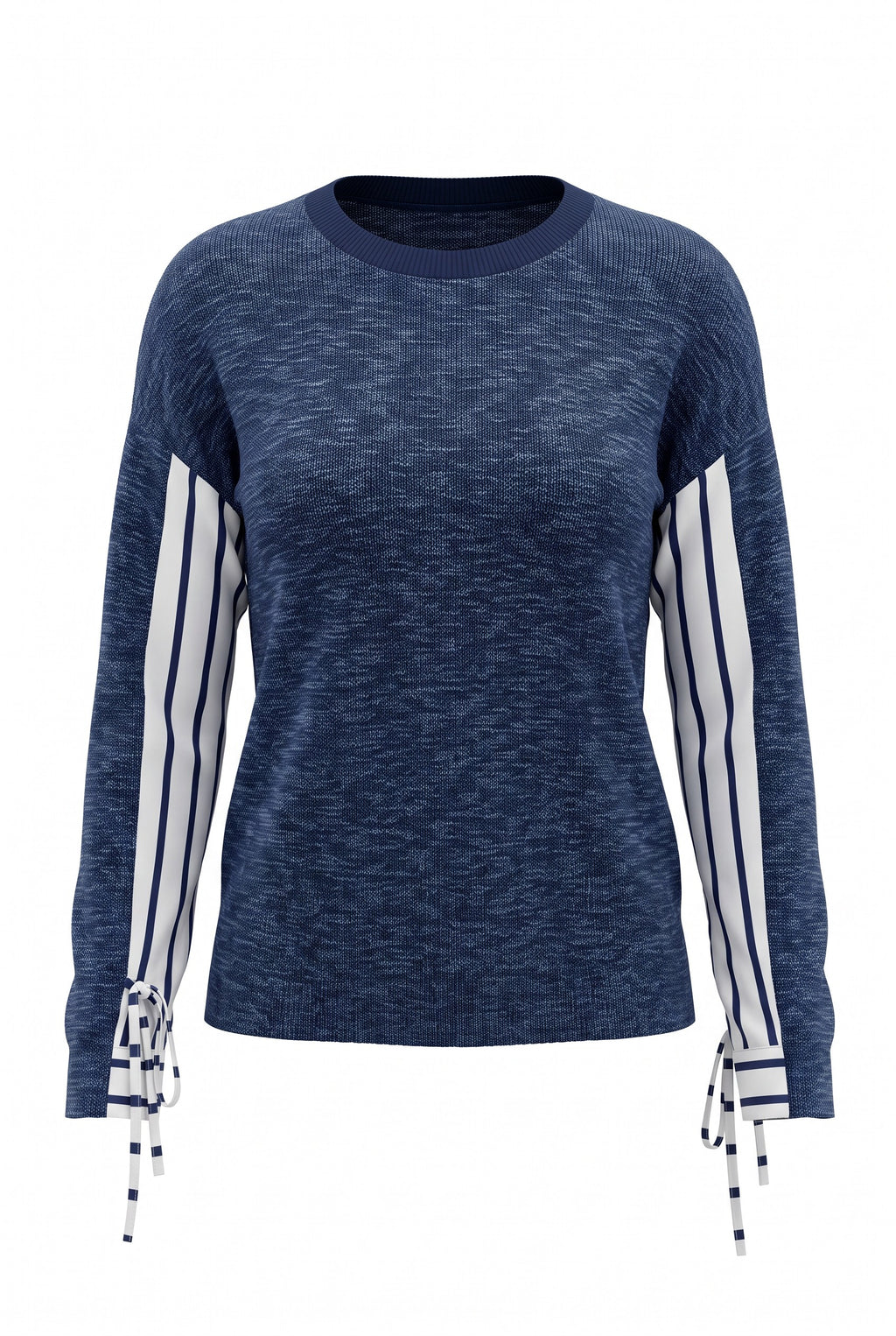 The navy blue Stitch Drop Grayton Beach Sweater with white and navy striped sleeves, featuring side tie details at the cuffs.