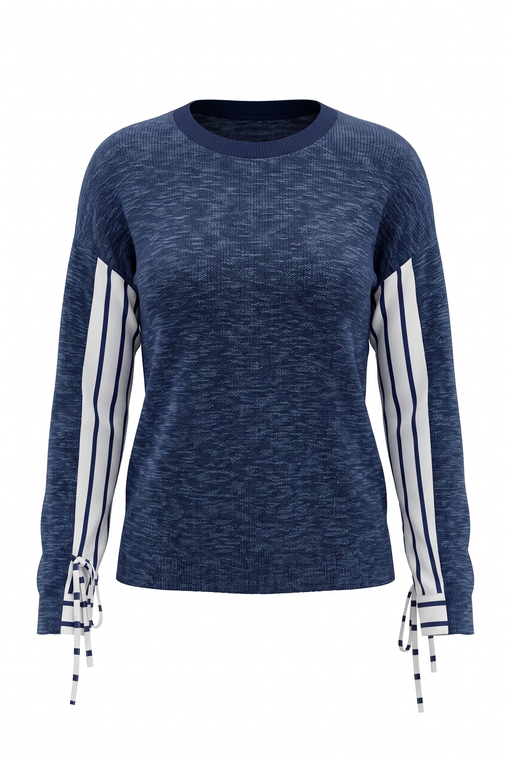 The navy blue Stitch Drop Grayton Beach Sweater with white and navy striped sleeves, featuring side tie details at the cuffs.