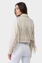 White Leather Tina Motto Fringe Jacket