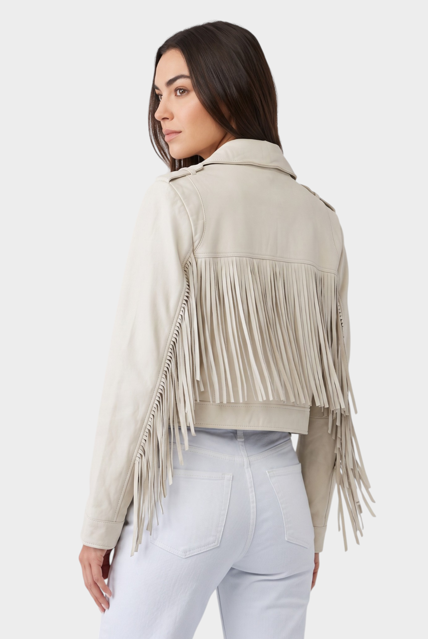 White Leather Tina Motto Fringe Jacket