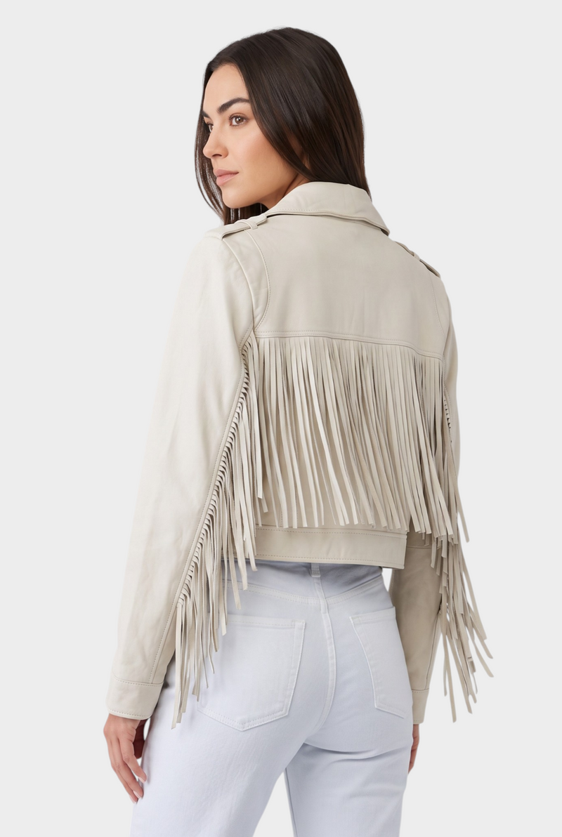 White Leather Tina Motto Fringe Jacket Jackett Jilli Boutique