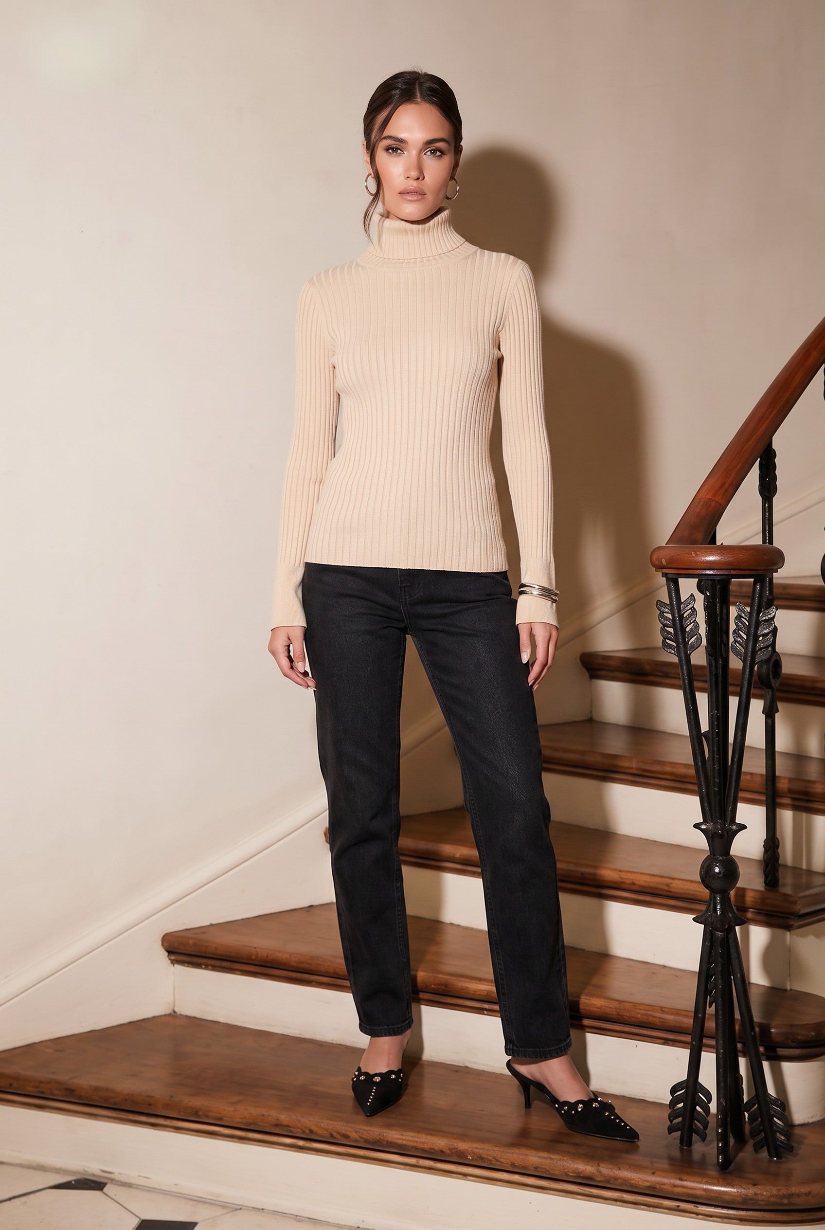Cotton Cashmere Turtleneck in Pebble