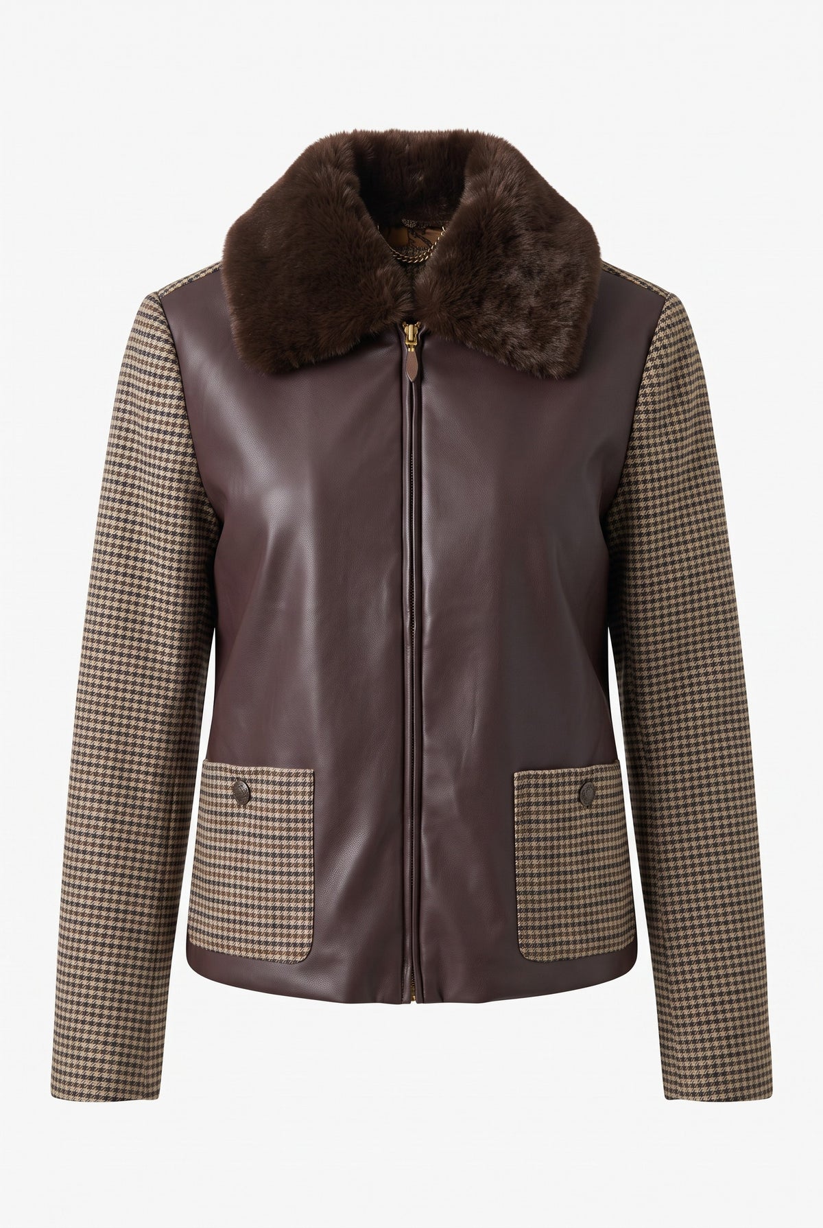 The women's Lucy Mixed Media Jacket by Tyler Boe. A zip-front jacket with a dark brown faux-leather body, a plush dark brown fur collar, and houndstooth patterned sleeves and lower patch pockets, shown on a light gray background.