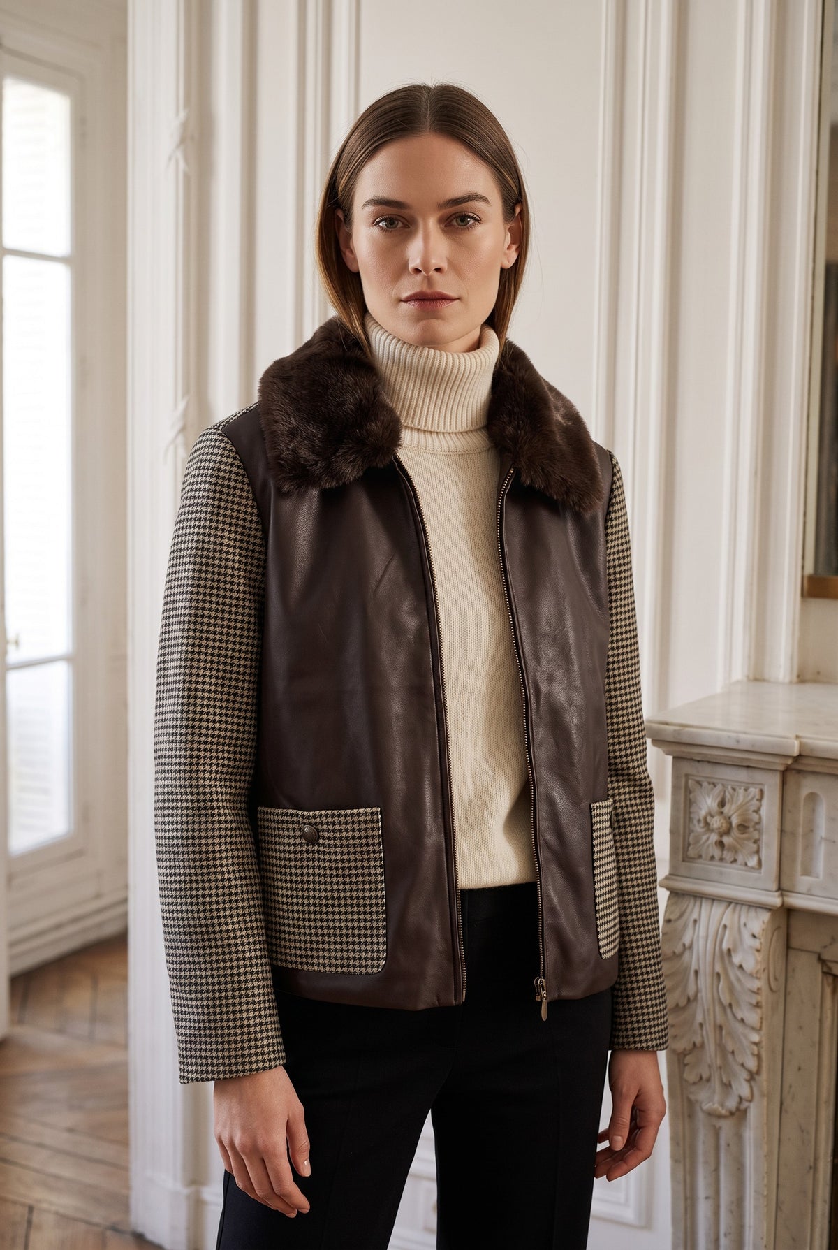 A woman wearing the Tyler Boe Lucy Mixed Media Jacket. A brown leather vest with dark brown fur trim, beige and black houndstooth sleeves, and a cream turtleneck sweater, standing in an elegant indoor setting with white walls and a fireplace.