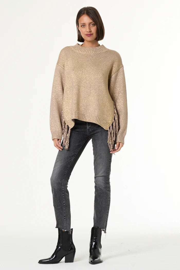 houston mock neck sweater gold foil spray yfb young fabulous and broke jilli boutique fringe
