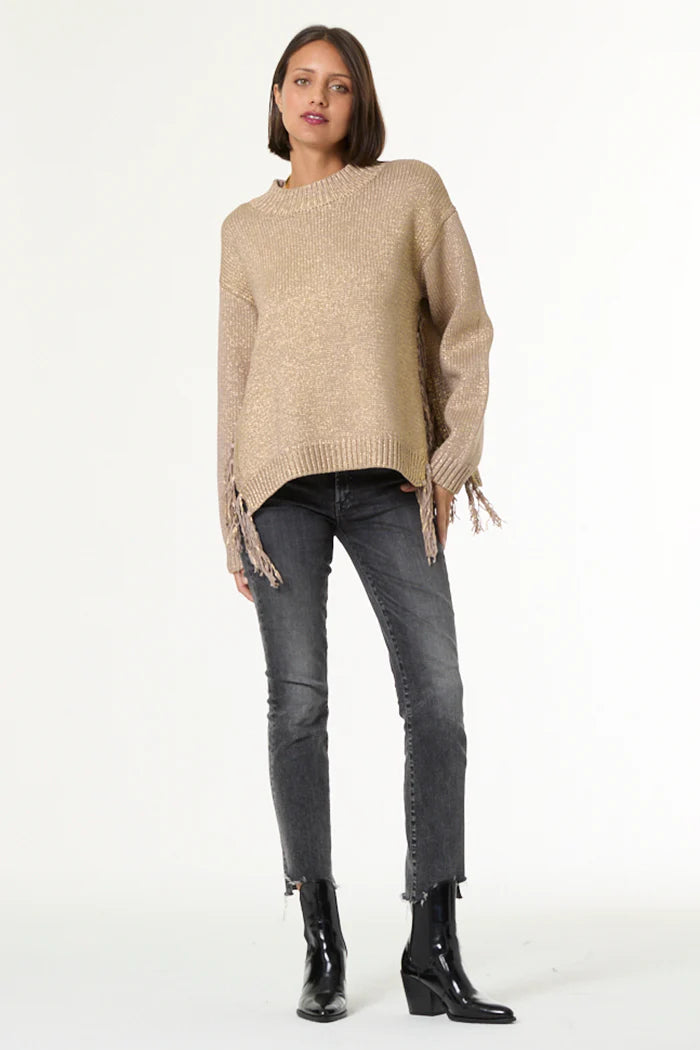 houston mock neck sweater gold foil spray yfb young fabulous and broke jilli boutique chastain square atlanta fringe