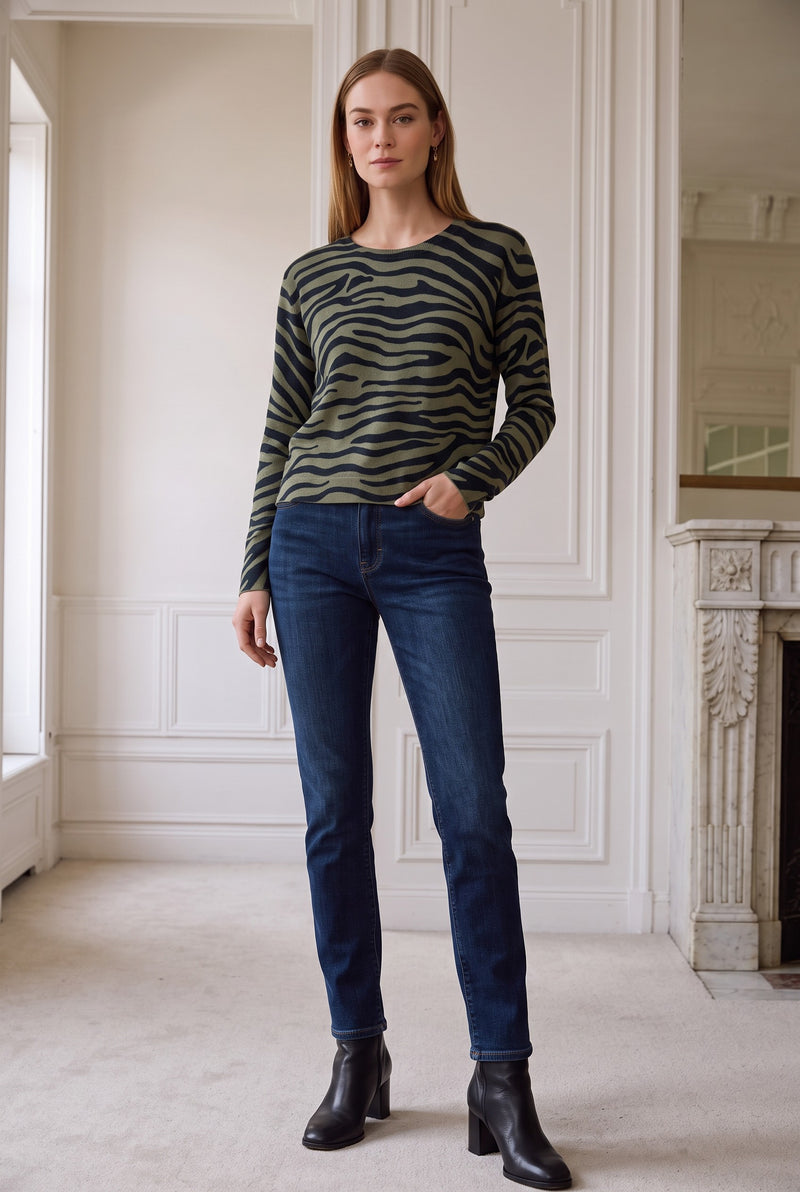 Zebra Print Crew Sweater in Moss
