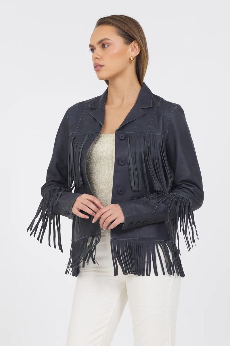 Annie Distressed Leather Fringed Jackett Gorsuch Jacket Jilli Boutique Indigo
