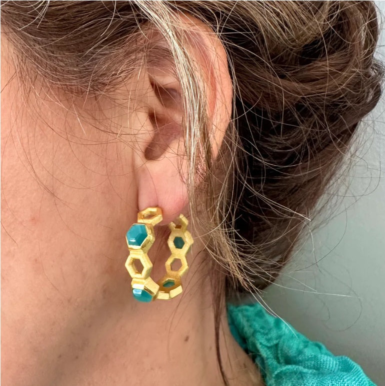 Gold Hoops in Ice Blue