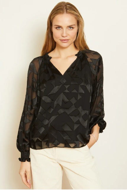 Silk Geo Burnout Top Caballero Jilli Boutique Black