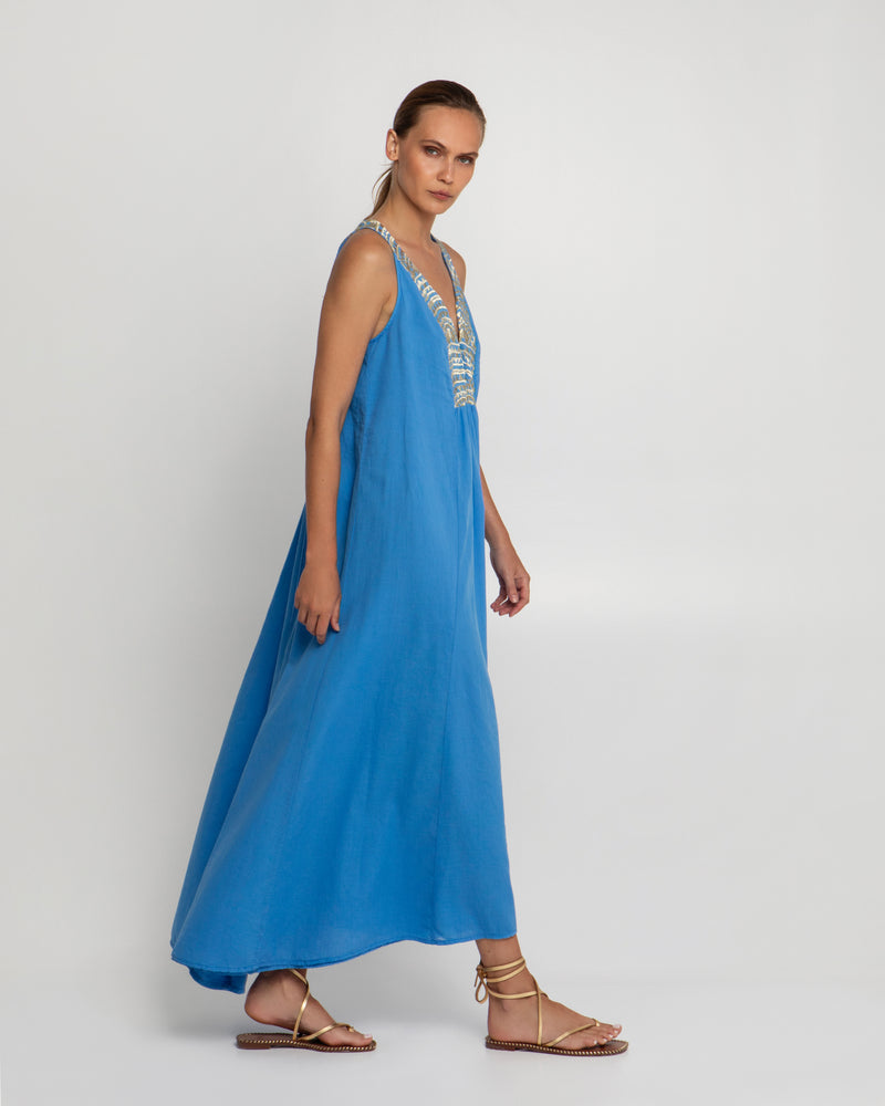 Greek Archaic Kori Jilli Boutique Blue Gold Embroidered Triangle Dress