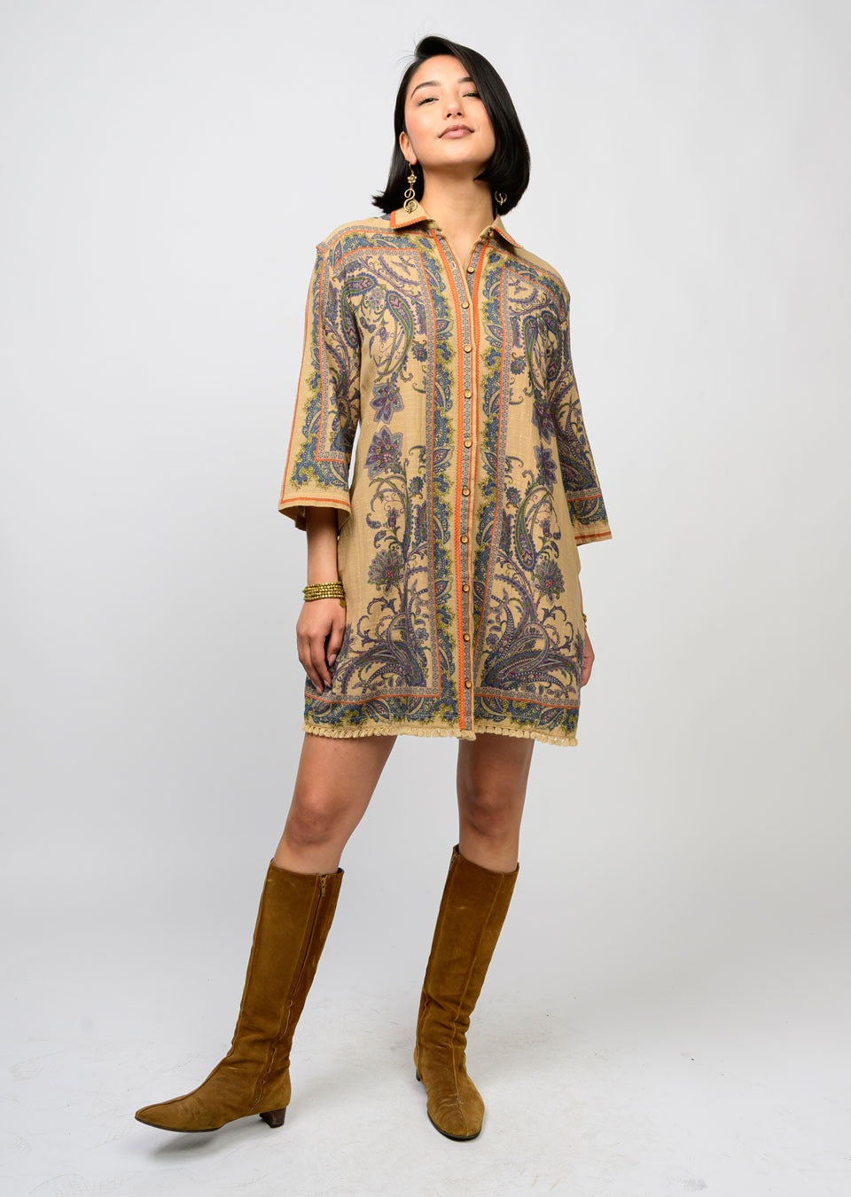 Paisley Border Shirtdress Camel Uncle Frank Jilli Boutique 