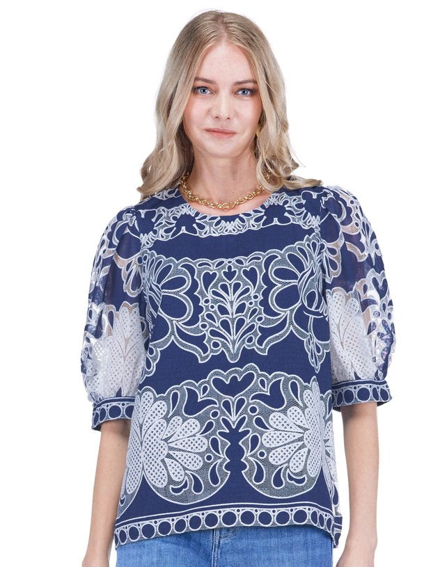 Navy Petal Lace Blouse Jade by Melody Tam Jilli Boutique