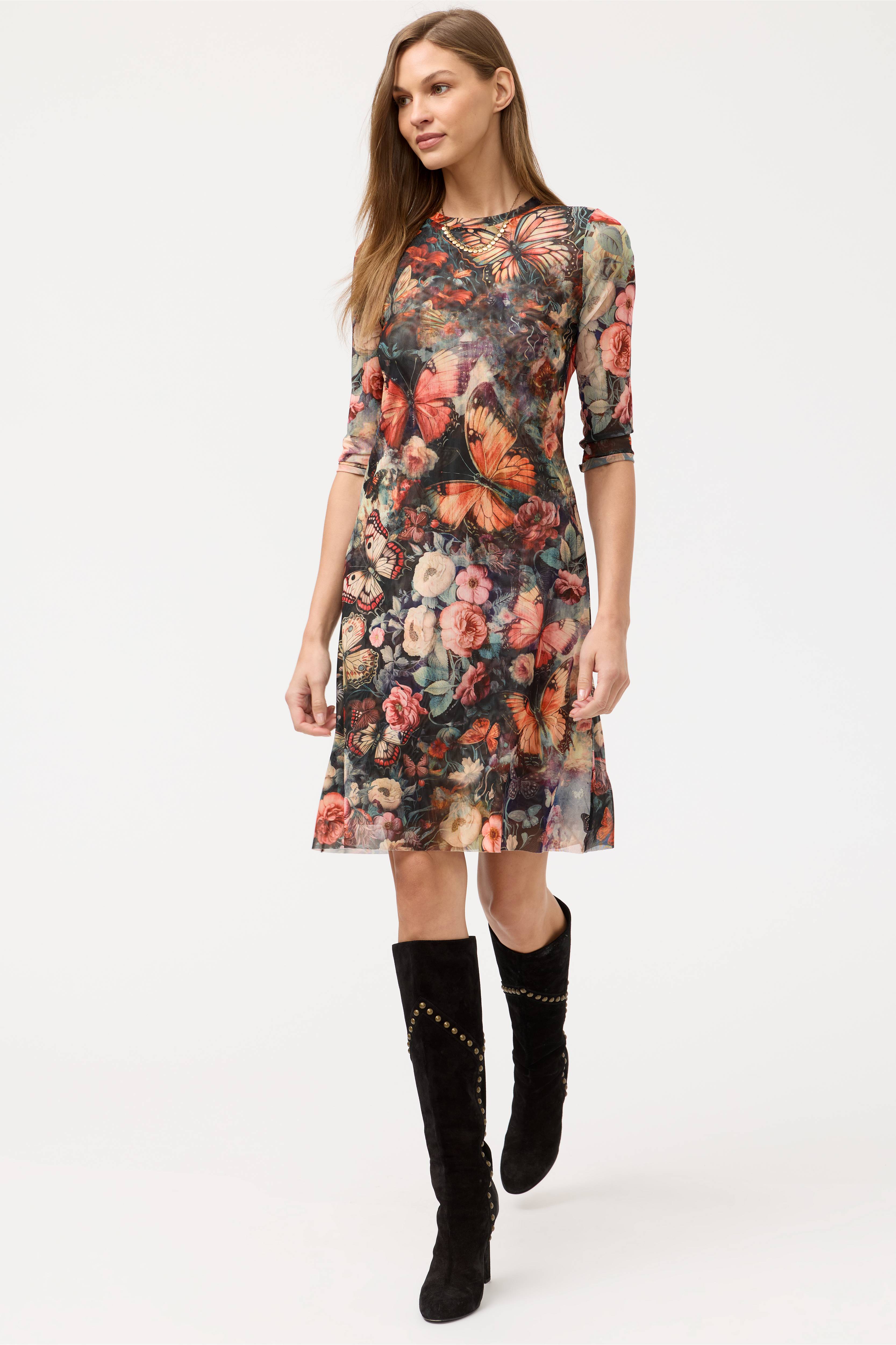 3/4 SLEEVE MESH MIDI DRESS Teyros Scarf Johnny Was Jilli Boutique
