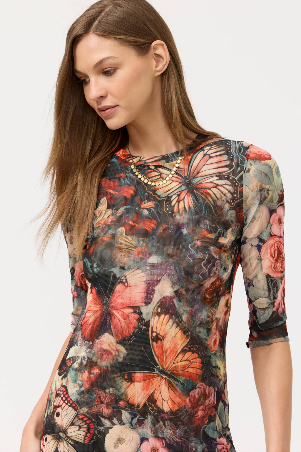 3/4 SLEEVE MESH MIDI DRESS Teyros Scarf Johnny Was Jilli Boutique Chastain Square