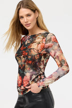 LONG SLEEVE BOAT NECK MESH TEE TOP Johnny Was Jilli Boutique jwla Teyros Scarf